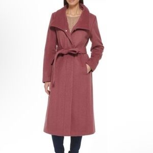 Cole Haan Signature Slick Wool Blend Long Coat Sz 8 Belted Wrap Winter Coat